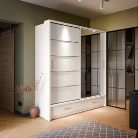 Lux V - White Sliding Door Mirrored Wardrobe with Shelves And Drawers (H2150mm W2000mm D600mm)