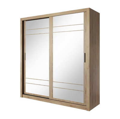 LUX VIII - Elegant Two Mirrored Sliding Door Wardrobe (H2150mm W2030mm D610mm) With Shelves - Oak Shetland