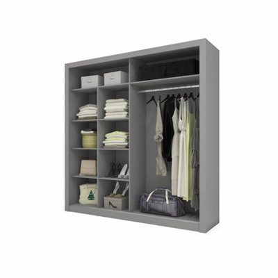 LUX VIII - Modern Grey Two Mirrored Sliding Door Wardrobe (H2150mm W2030mm D610mm) With Shelves