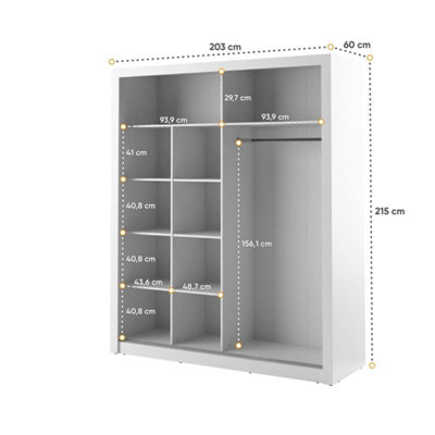 LUX VIII - Spacious Two Mirrored Sliding Door Wardrobe (H2150mm W2030mm D610mm) With Shelves - White Matt