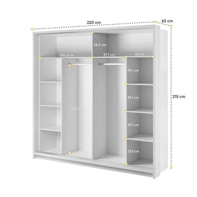LUX XIV- Modern White Two Sliding Door Wardrobe (H2150mm W2200mm D630mm) With Decorative Mirrored Doors