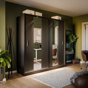 LUX XIV- Sleek Black Two Sliding Door Wardrobe (H2150mm W2200mm D630mm) With Decorative Mirrored Doors