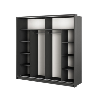 LUX XIV- Sleek Black Two Sliding Door Wardrobe (H2150mm W2200mm D630mm) With Decorative Mirrored Doors