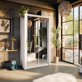 LUX XIX - Elegant White Mirrored Sliding Door Wardrobe (H2150mm W1200mm D600mm) With Customisable Interior Layout