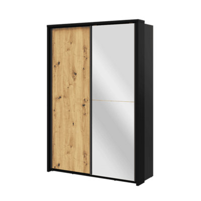 LUX XXI -Elegant Two Mirrored Sliding Door Wardrobe (H2150mm W1600mm D570mm) With Customisable Interior Layout - Oak Artisan/Black
