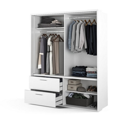 LUX XXII - White Mirrored Sliding Door Wardrobe (H2150mm W1800mm D570mm) with Drawers and Shelves - Streamlined Storage Solution