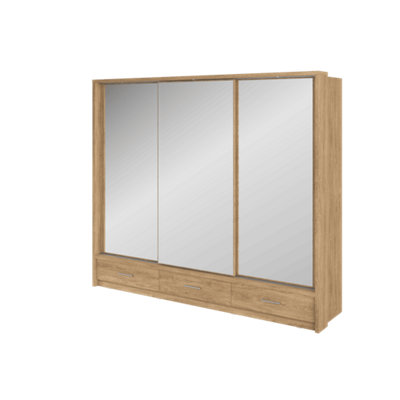 LUX XXIII -Elegant Oak Shetland Mirrored Sliding Door Wardrobe (H2150mm W2500mm D630mm) with Drawers and LED Lighting
