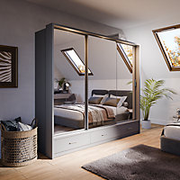 LUX XXIII - Modern Grey Mirrored Sliding Door Wardrobe (H2150mm W2500mm D630mm) with Drawers and LED Lighting