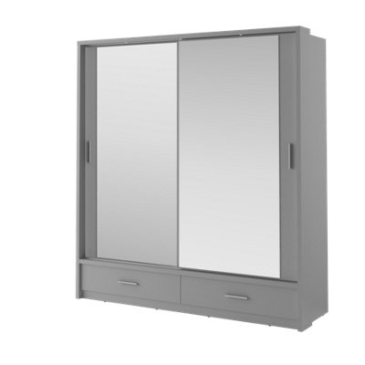 LUX XXIV-  Mirrored Sliding Door Wardrobe (H2150mm W2000mm D630mm) with Drawers and LED Lighting - Grey