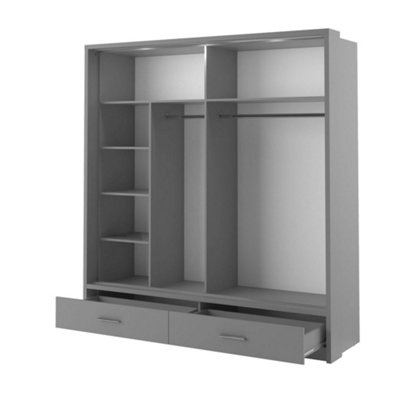 LUX XXIV-  Mirrored Sliding Door Wardrobe (H2150mm W2000mm D630mm) with Drawers and LED Lighting - Grey
