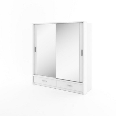 LUX XXIV-  Mirrored Sliding Door Wardrobe (H2150mm W2000mm D630mm) with Drawers and LED Lighting - White