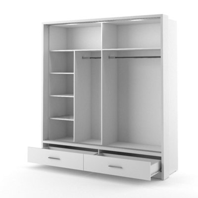 LUX XXIV-  Mirrored Sliding Door Wardrobe (H2150mm W2000mm D630mm) with Drawers and LED Lighting - White