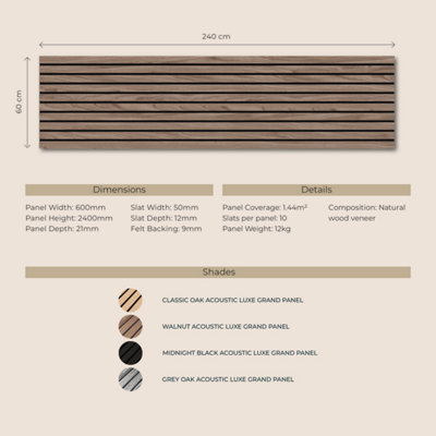Luxe Grand Acoustic wood slat wall panel in walnut 240cm x 60cm