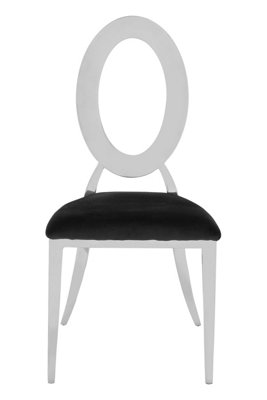 Luxe Round Back Dining Chair, Elegant Silver Armless Accent Chair, Black Velvet Upholstered Modern Chair