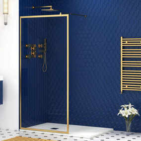 Luxor 800mm Walk in Wet Room Shower Enclosure Screen Panel with Brushed Brass Frame 8mm Easy Clean Glass & Support Bar