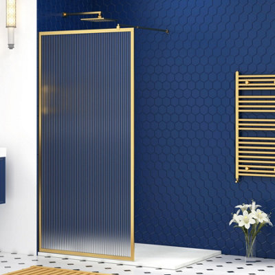 Luxor 900mm Walk in Wet Room Fluted Shower Enclosure Screen Panel with Brushed Brass Frame 8mm Nano Glass & Support Bar