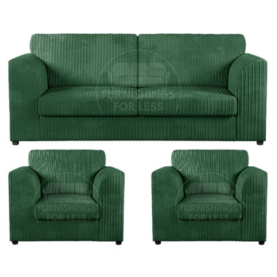 Luxor Jumbo Cord 3 + 1 + 1 Fabric 3 Piece Sofa Suite - Fullback Green