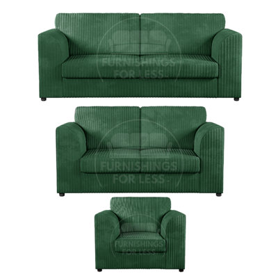 Luxor Jumbo Cord 3 + 2 + 1 Fabric 3 Piece Sofa Suite - Fullback Green