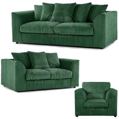 Luxor Jumbo Cord 3 + 2 + 1 Fabric 3 Piece Sofa Suite - Scatter Back Green