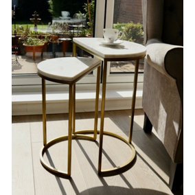 Luxore Half Moon Nest Of 2 Table,White Marble Top,Gold Base