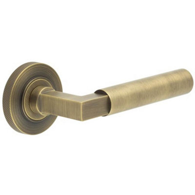 Luxurious Antique Brass Door Handle on Knurled Rose for Elegant Interiors - Solid Brass Interior Handle