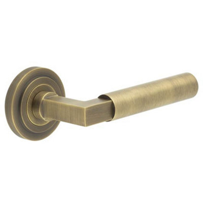 Luxurious Antique Brass Door Handle on Stepped Rose - Solid Brass Interior Handle