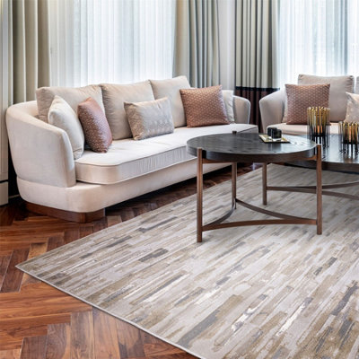 Luxurious Beige Abstract Modern Easy To Clean Rug For Dining Room Bedroom & Living Room-200cm X 290cm