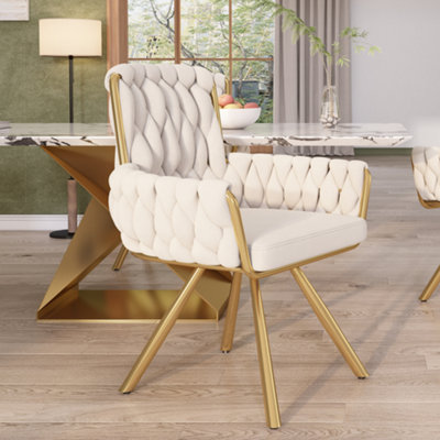 Luxurious Beige Velvet Swivel Dining Chair with Gold Effect Metal Legs