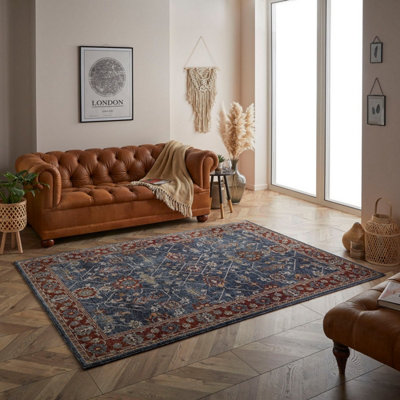 Luxurious Bordered Easy to Clean Persian Floral Traditional Blue Rug ...