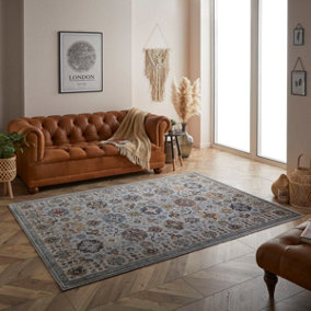 Luxurious Bordered Easy to Clean Persian Floral Traditional Grey Rug for Living Room Bedroom & Dining Room-120cm X 180cm