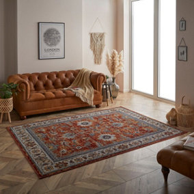 Luxurious Bordered Easy to Clean Persian Floral TraditionalOrange Rug for Living Room Bedroom & Dining Room-120cm X 180cm