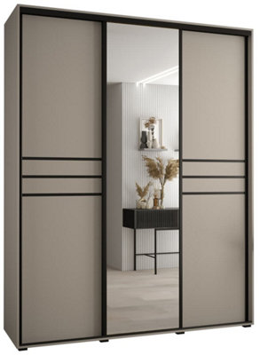 Luxurious Cashmere & Black Sliding Door Wardrobe H2350mm W1900mm D600mm - Spacious Design with Mirrored Panel