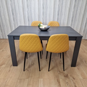 Luxurious Dark Grey Dining Table with 4 Mustard-Stitched Chairs Dining Room  set