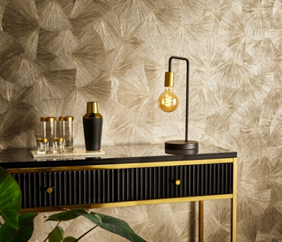 Luxurious Designer Japandi Fan Design Textured Vinyl Wallpaper with Metallic Highlights in Gold