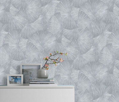 Luxurious Designer Japandi Fan Design Textured Vinyl Wallpaper with Metallic Highlights in Silver