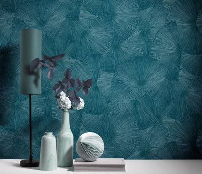 Luxurious Designer Japandi Fan Design Textured Vinyl Wallpaper with Metallic Highlights in Teal