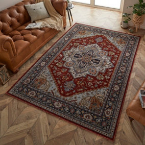 Luxurious Easy to Clean Bordered Floral Traditional Red Persian Rug for Living Room & Bedroom-120cm X 180cm