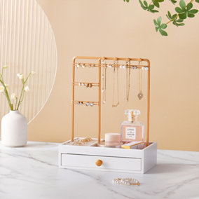 Luxurious Gold-Coated Jewelry Display Stand with Velvet-Lined Tray Base and Drawer