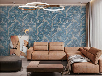 Luxurious Grace Palm Grey/Teal Wallpaper