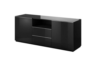 Luxurious Helio 25 Sideboard Cabinet, Black Glass Finish, Sophisticated Storage H710mm W1800mm D480mm