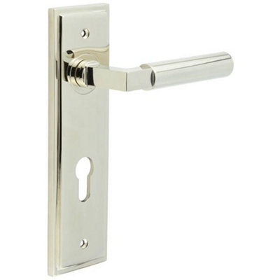 Luxurious Polished Nickel Door Handle with Euro Backplate - Solid Brass Interior Lever