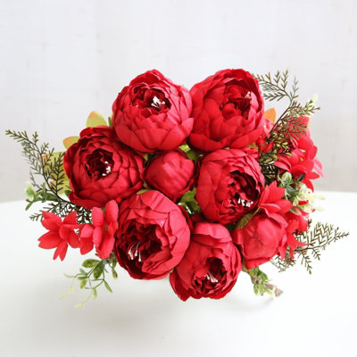 Luxurious Red Peony Artificial Flower Bouquet - 13 Heads Silk Fake Flowers for Wedding & Home Decor