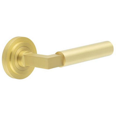 Luxurious Satin Brass Door Handle with Stepped Rose Design - Solid Brass Interior Handle