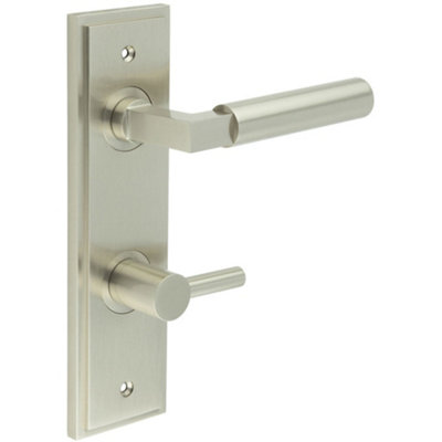 Luxurious Satin Nickel Bathroom Door Handle with Backplate and Turn Release - Solid Brass Interior Handle