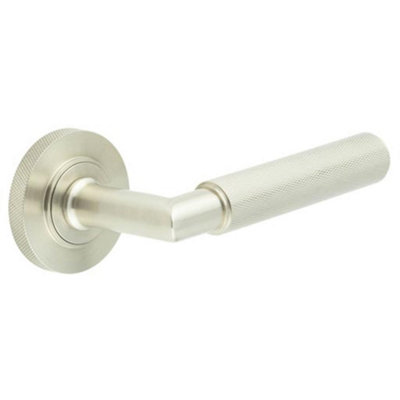 Luxurious Satin Nickel Door Handle with Knurled Rose Design - Solid Brass Interior Handle