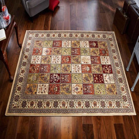 Luxurious Traditional Persian Bordered Easy to Clean Wool Beige Chequered Rug for Living Room & Bedroom-200cm X 285cm