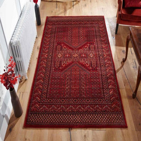 Luxurious Traditional Persian Bordered Easy to Clean Wool Red AndOrange Chequered Rug for Living Room & Bedroom-200cm X 285cm