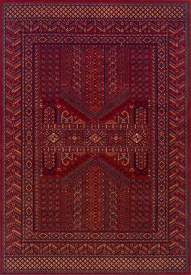 Luxurious Traditional Persian Bordered Easy to Clean Wool Red AndOrange Chequered Rug for Living Room & Bedroom-200cm X 285cm