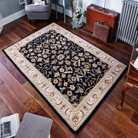 Luxurious Traditional Persian Easy to Clean Wool Black Floral Rug for Living Room & Bedroom-120cm X 180cm