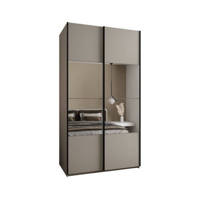 Luxurious Trosa IV Sliding Door Wardrobe H2450mm W1300mm D640mm Mirrored Doors, Six Shelves, Hanging Rail, Cashmere Finish